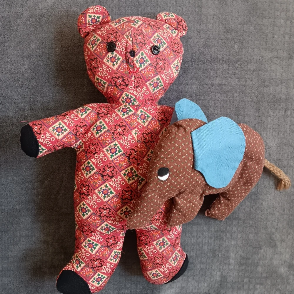 70s Handmade Vintage Cottagecore Plush Stuffed Animal Lot Bear & Elephant Whimsy